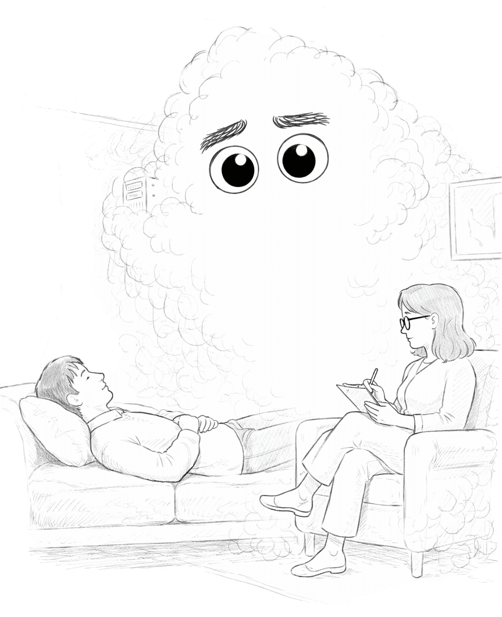 Cloud character in a therapy session