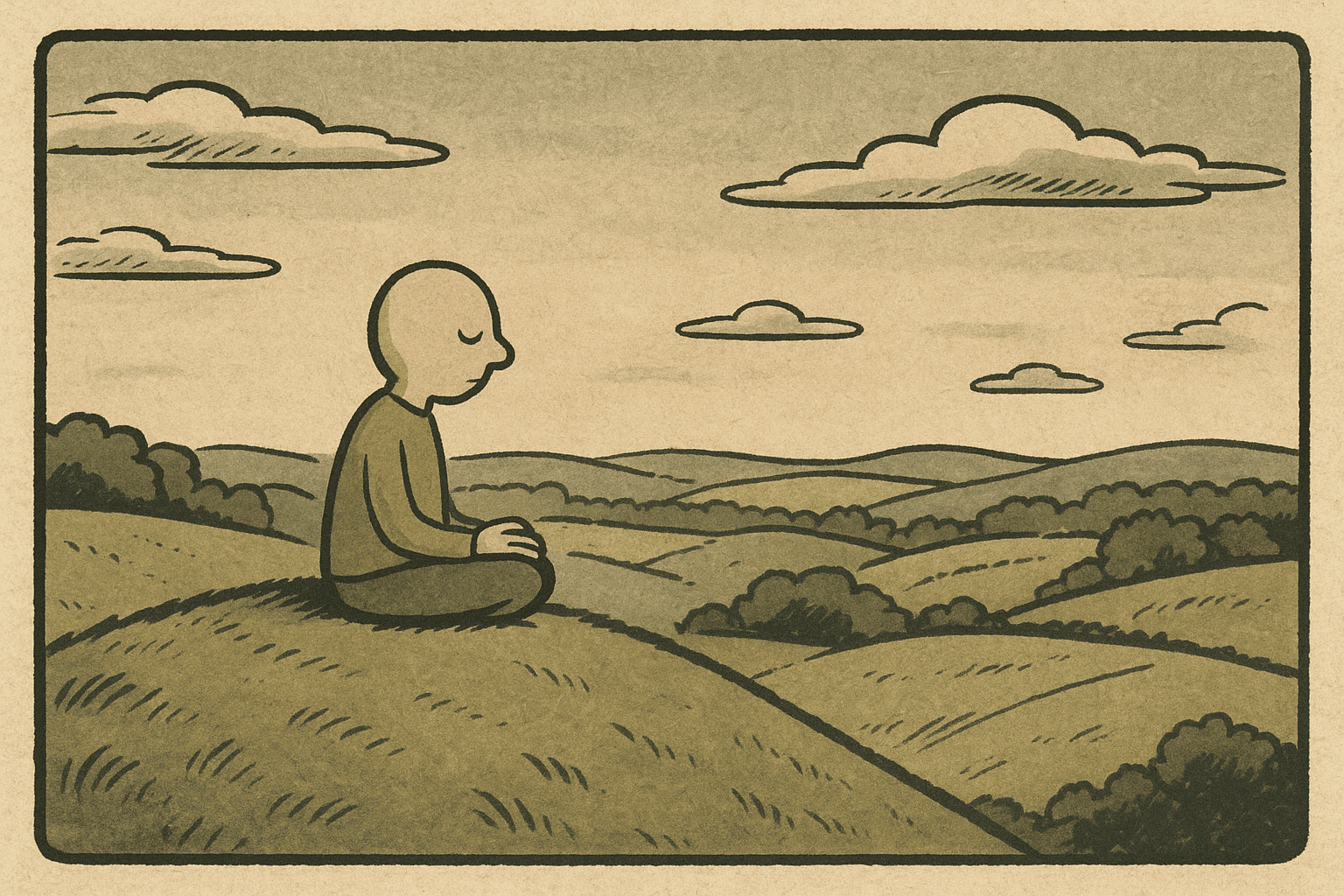 Illustration of true privacy - person meditating peacefully in open landscape