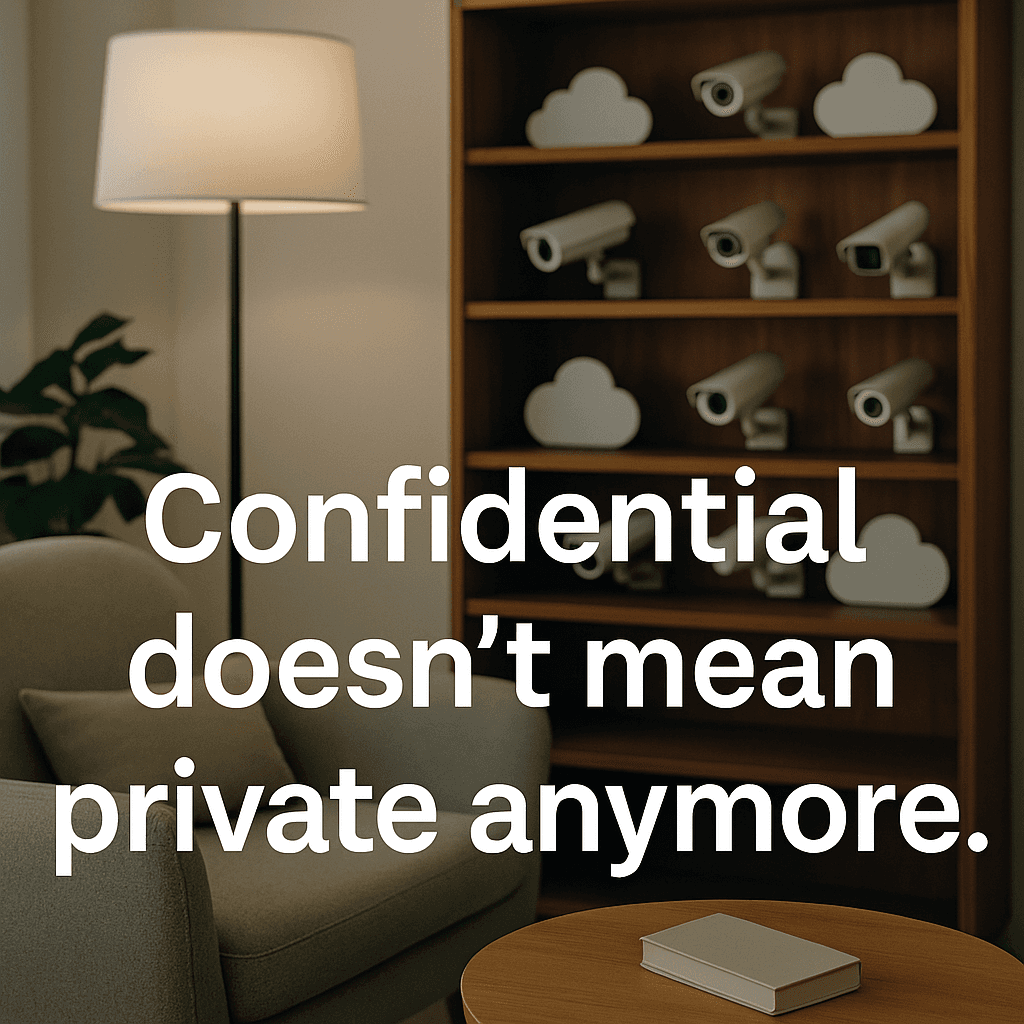 A calm therapist’s room, but the bookshelf is subtly filled with security cameras or cloud icons instead of books.